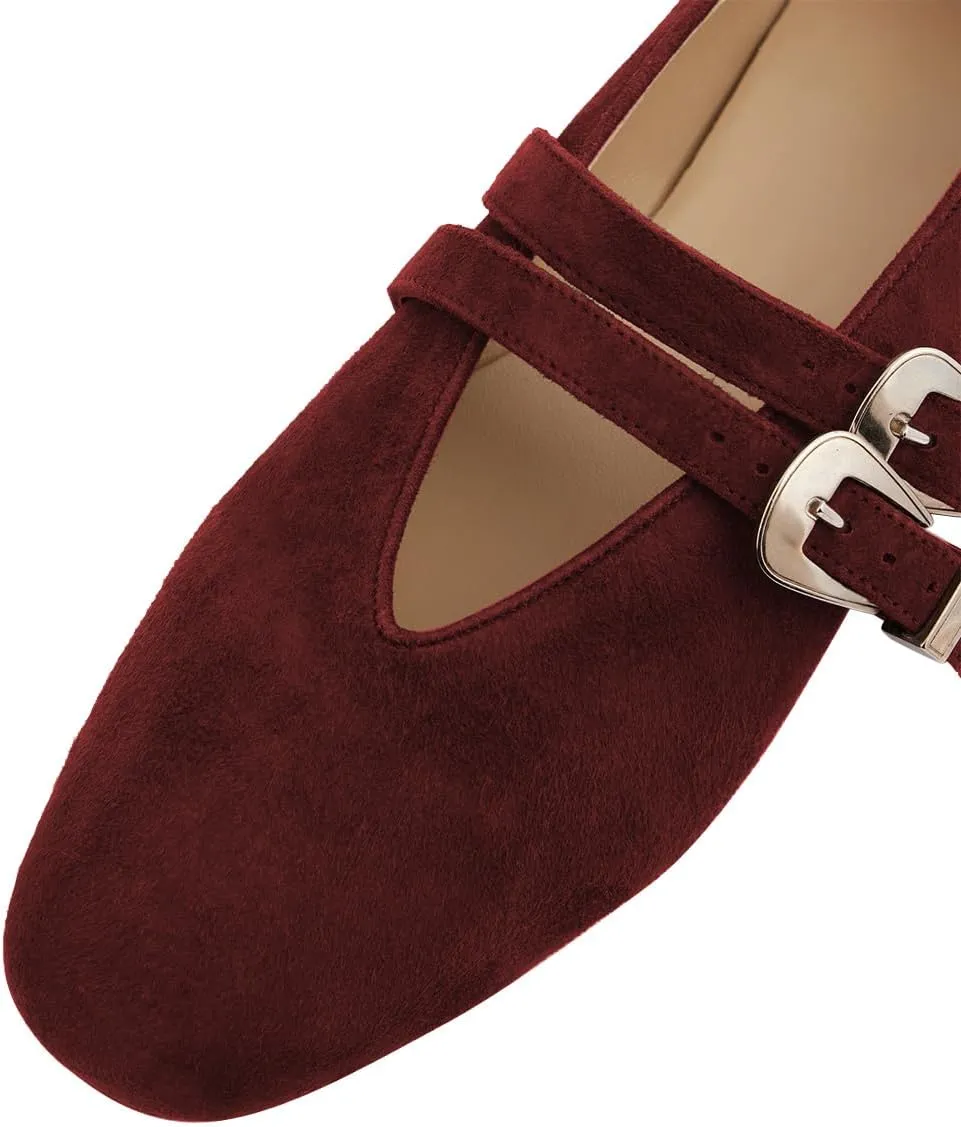Women Two Strap Buckles Suede Mary Jane Flats Round Toe V Cut Comfy Ballroom Daily Wear Casual Shoes Size 4-16 US