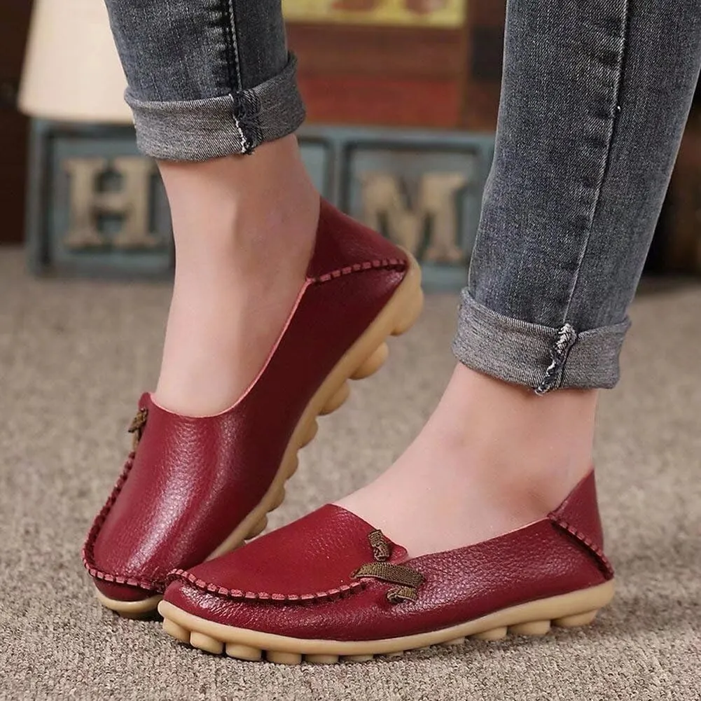 Women's Cowhide Leather Slipper Loafers Flat Shoes Slip-Ons