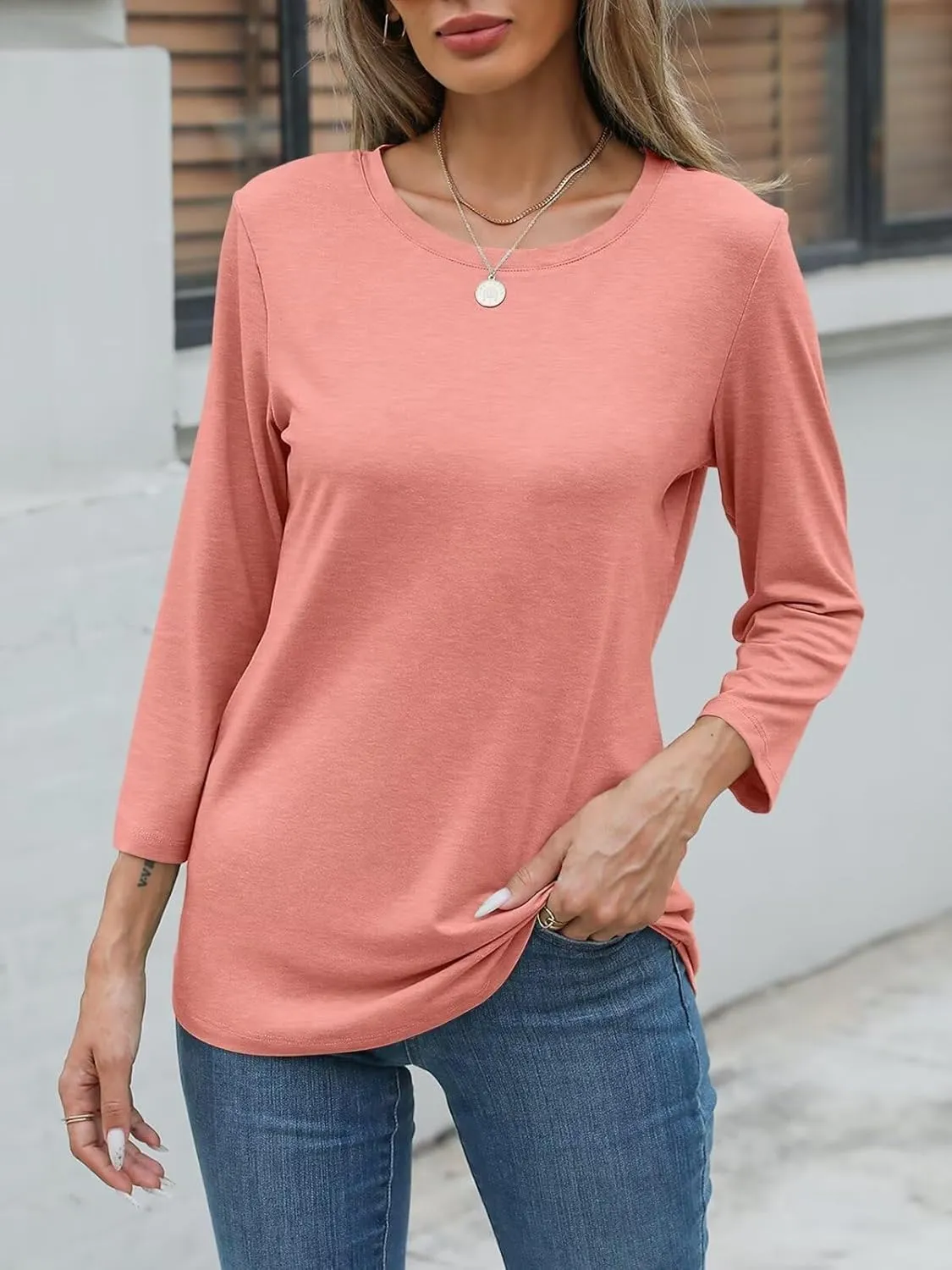 Womens Crew Neck 3/4 Sleeve T Shirts Casual Curved Hem Tunic Tops Basic Loose Fit Tees 2025