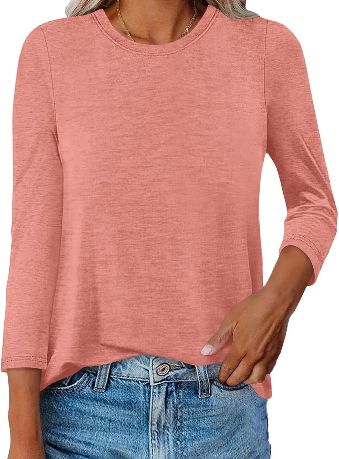 Womens Crew Neck 3/4 Sleeve T Shirts Casual Curved Hem Tunic Tops Basic Loose Fit Tees 2025