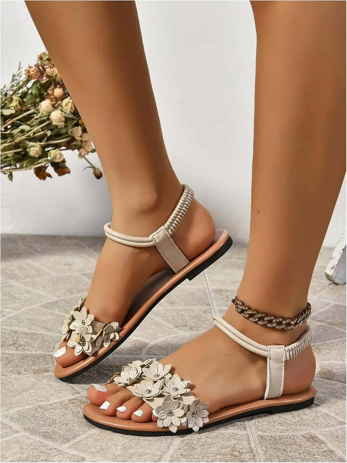 Women's Flat Sandals, Leather Flower Bohemian Sandals