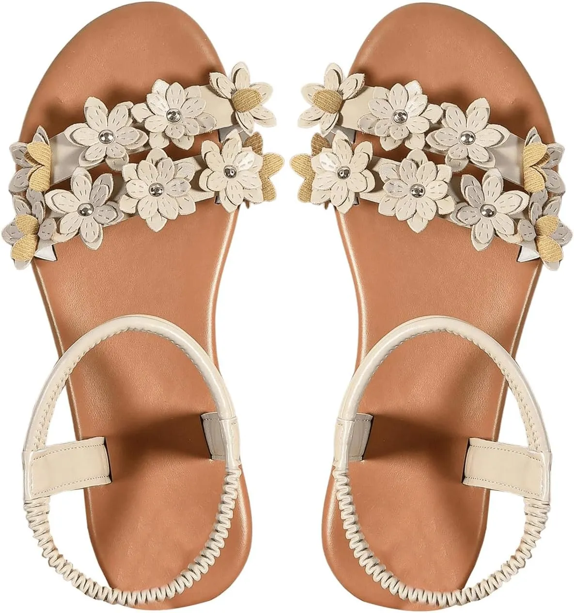 Women's Flat Sandals, Leather Flower Bohemian Sandals