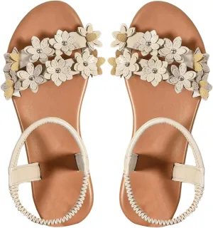 Women's Flat Sandals, Leather Flower Bohemian Sandals