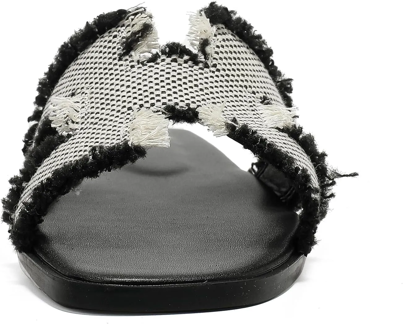 Women's Flat Slide Sandals Square Open Toe Flat Sandals Summer Flats Casual Slip on Fringe Trim