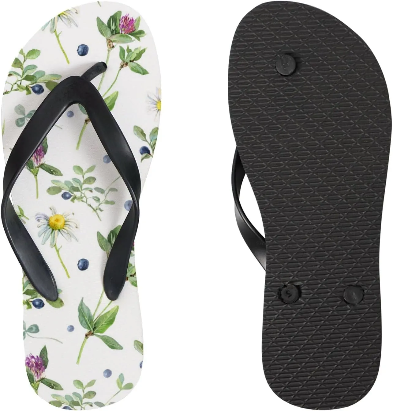 Womens Flip Flops for Summer Beach - Flowers Leaves and Berries Casual Slide Flat Sandals Thong Slippers
