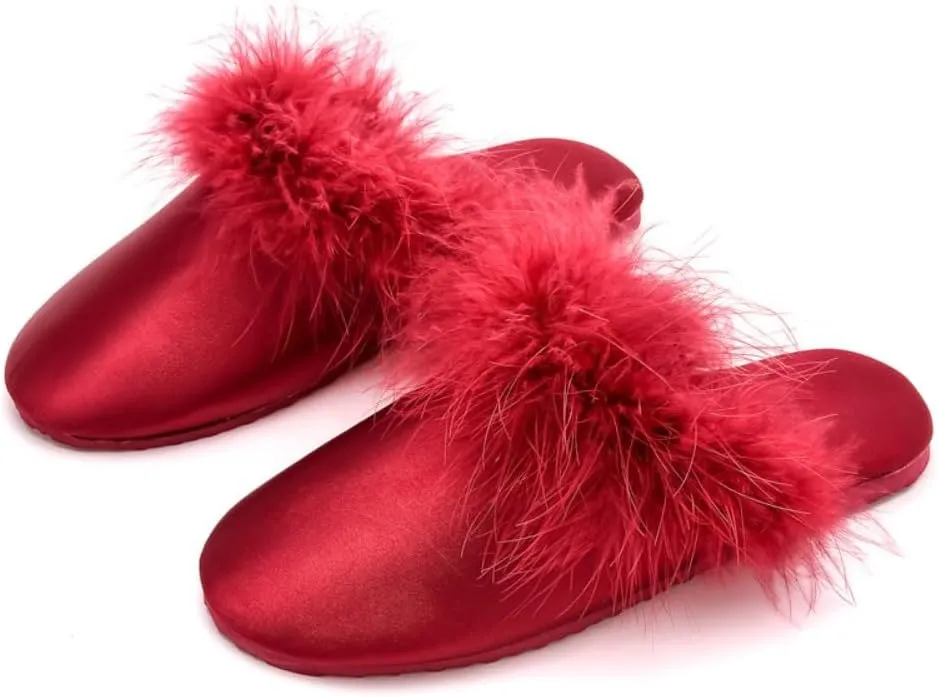 Women's Fluffy Slippers Satin Bedroom Slippers Breathable Soft No Slip with Fuzzy Trim for Home Travel Relaxation Spa