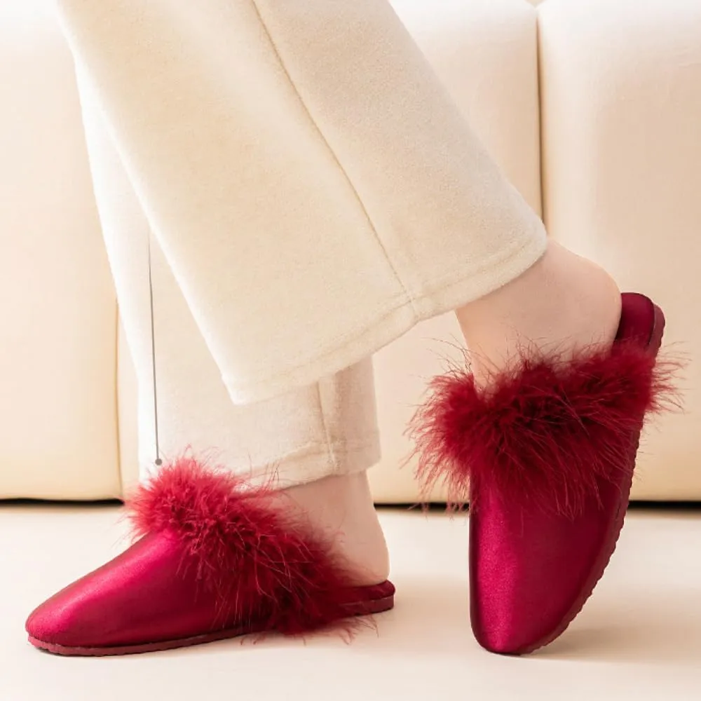 Women's Fluffy Slippers Satin Bedroom Slippers Breathable Soft No Slip with Fuzzy Trim for Home Travel Relaxation Spa