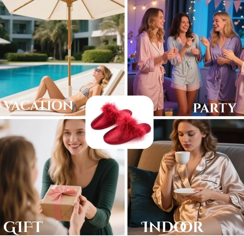 Women's Fluffy Slippers Satin Bedroom Slippers Breathable Soft No Slip with Fuzzy Trim for Home Travel Relaxation Spa