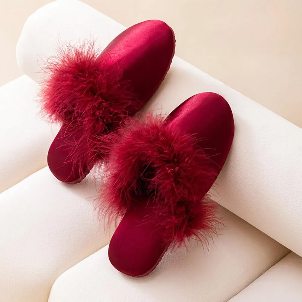 Women's Fluffy Slippers Satin Bedroom Slippers Breathable Soft No Slip with Fuzzy Trim for Home Travel Relaxation Spa
