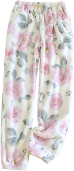Womens Fuzzy Pajama Pants Cute Heart Sleep Lounge Bottoms Comfy Soft Long Pj Pants with Pockets