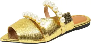 Women's Gold Pearl Strap Fish Mouthflat Dress Slides Sandals Sexy Pointed Shiny Open Toe Parties Slippers for Party, Work