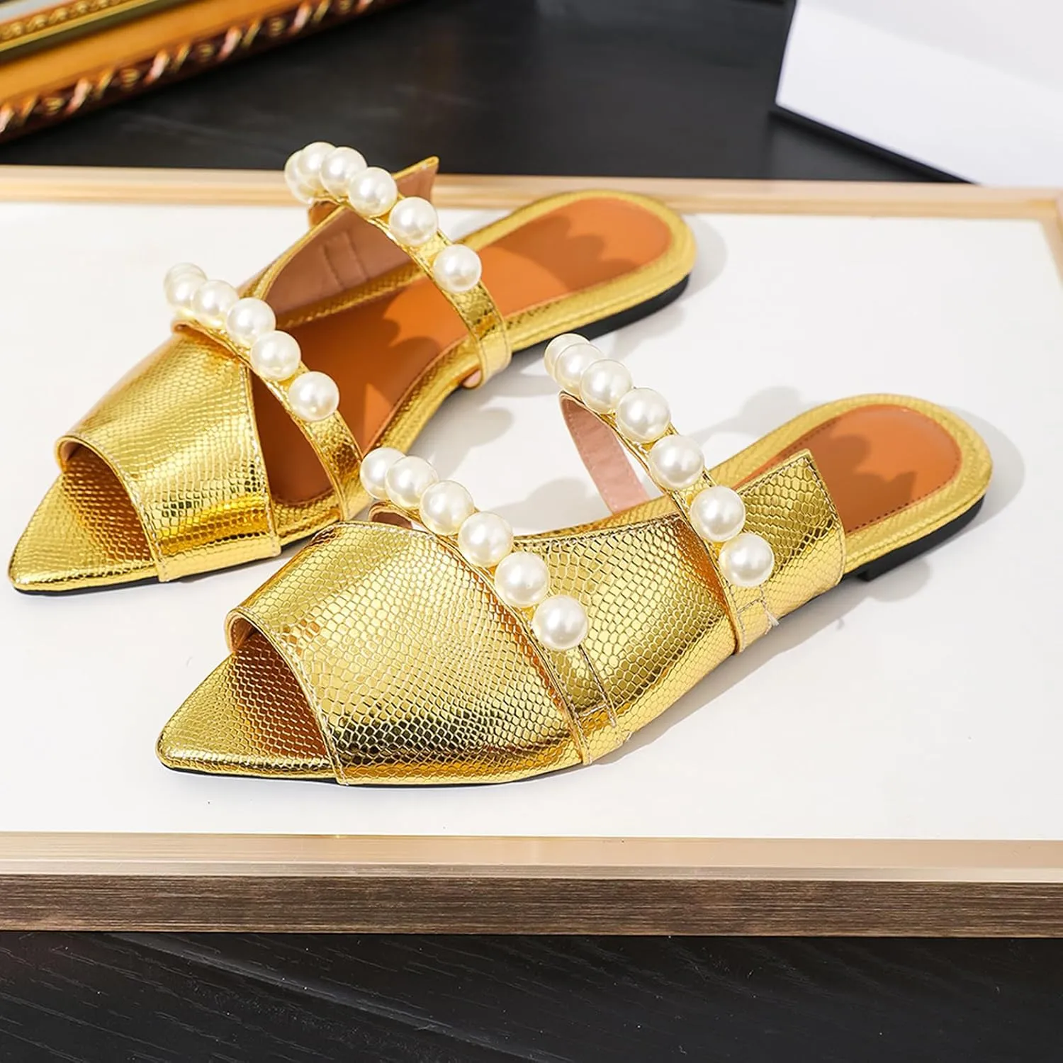 Women's Gold Pearl Strap Fish Mouthflat Dress Slides Sandals Sexy Pointed Shiny Open Toe Parties Slippers for Party, Work