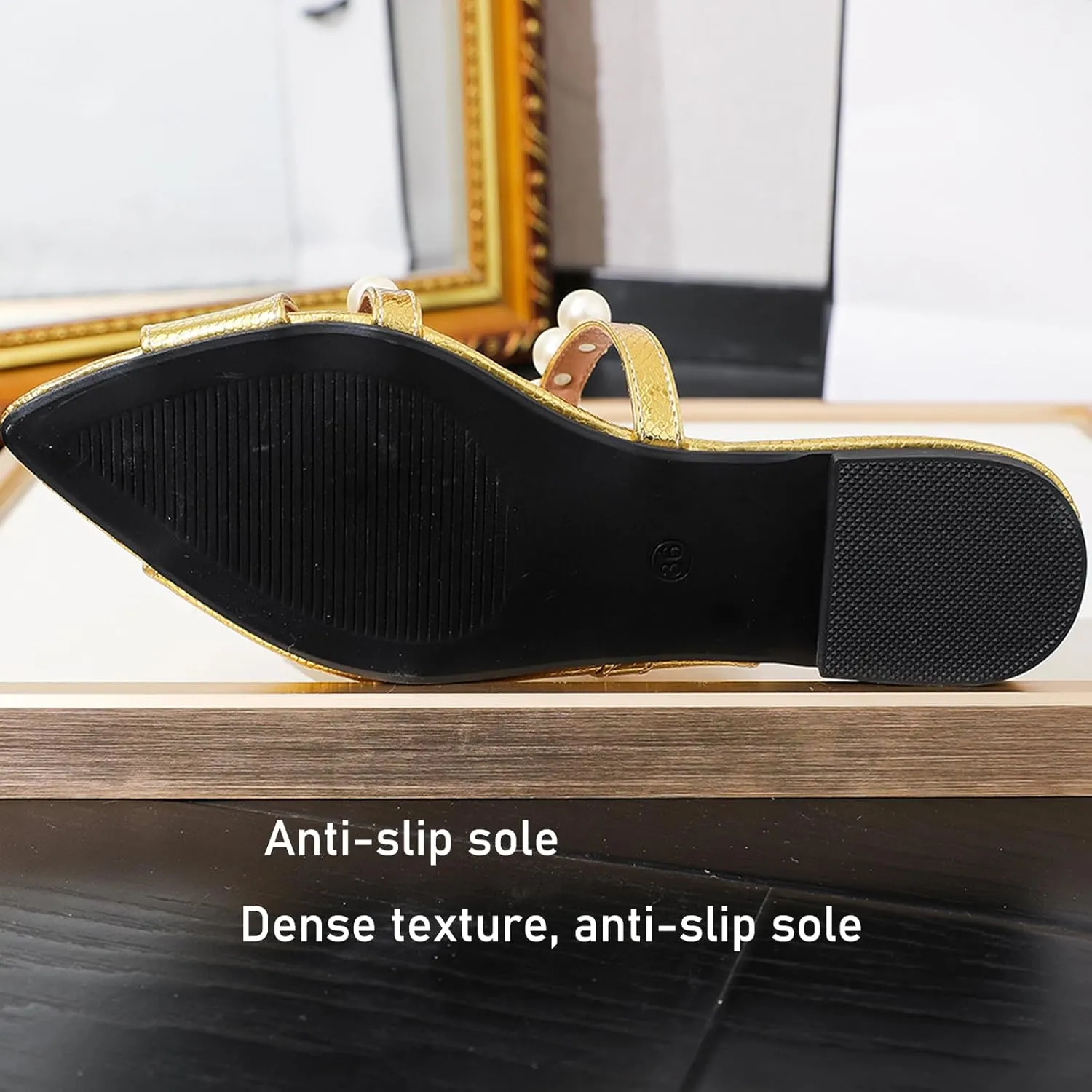Women's Gold Pearl Strap Fish Mouthflat Dress Slides Sandals Sexy Pointed Shiny Open Toe Parties Slippers for Party, Work