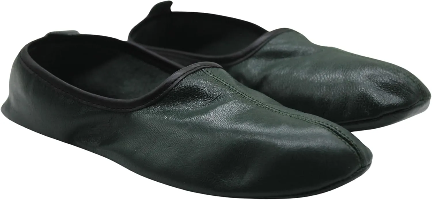Women's Indoor Leather Slippers Dark Green Traditional Babouche House Shoes Barefoot Moccasin Tai Chi Shoes