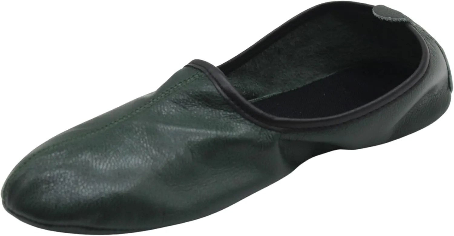 Women's Indoor Leather Slippers Dark Green Traditional Babouche House Shoes Barefoot Moccasin Tai Chi Shoes