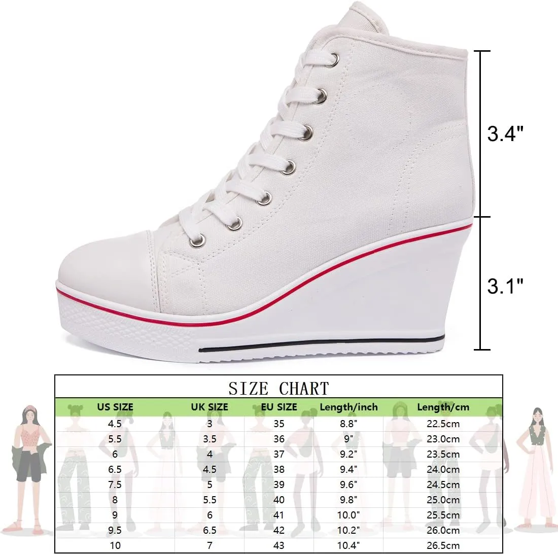 Womens Lace Up Heel Sneakers, Platform Wedge Sneakers Ankle Booties with Zipper Casual Canvas Fashion Sneaker for Girls