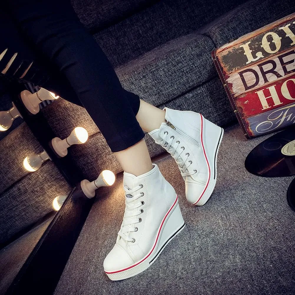Womens Lace Up Heel Sneakers, Platform Wedge Sneakers Ankle Booties with Zipper Casual Canvas Fashion Sneaker for Girls