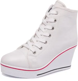 Womens Lace Up Heel Sneakers, Platform Wedge Sneakers Ankle Booties with Zipper Casual Canvas Fashion Sneaker for Girls