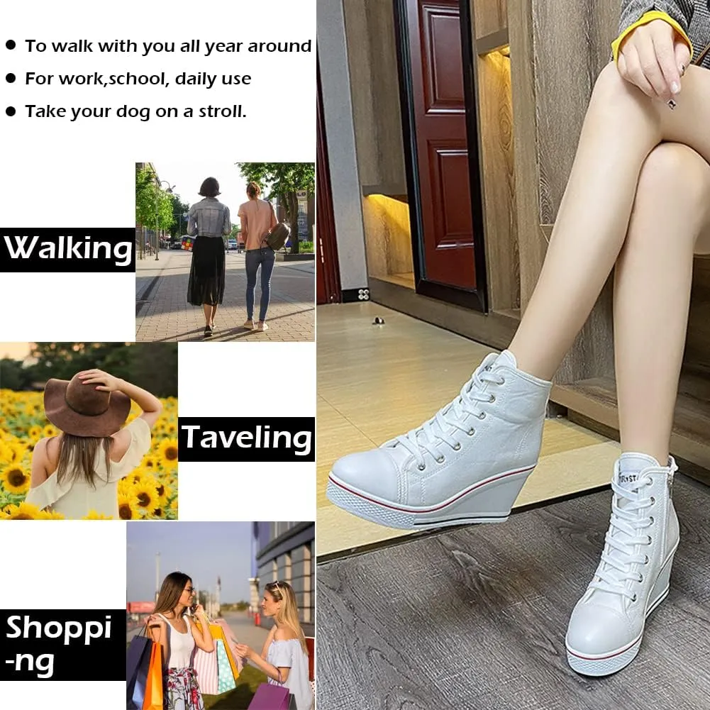 Womens Lace Up Heel Sneakers, Platform Wedge Sneakers Ankle Booties with Zipper Casual Canvas Fashion Sneaker for Girls