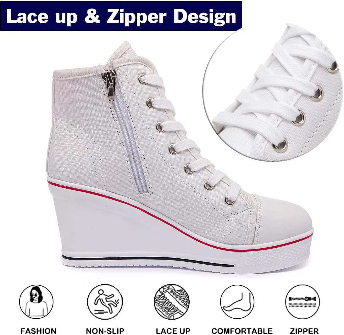 Womens Lace Up Heel Sneakers, Platform Wedge Sneakers Ankle Booties with Zipper Casual Canvas Fashion Sneaker for Girls