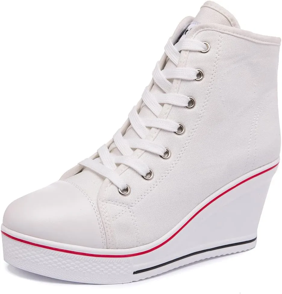 Womens Lace Up Heel Sneakers, Platform Wedge Sneakers Ankle Booties with Zipper Casual Canvas Fashion Sneaker for Girls