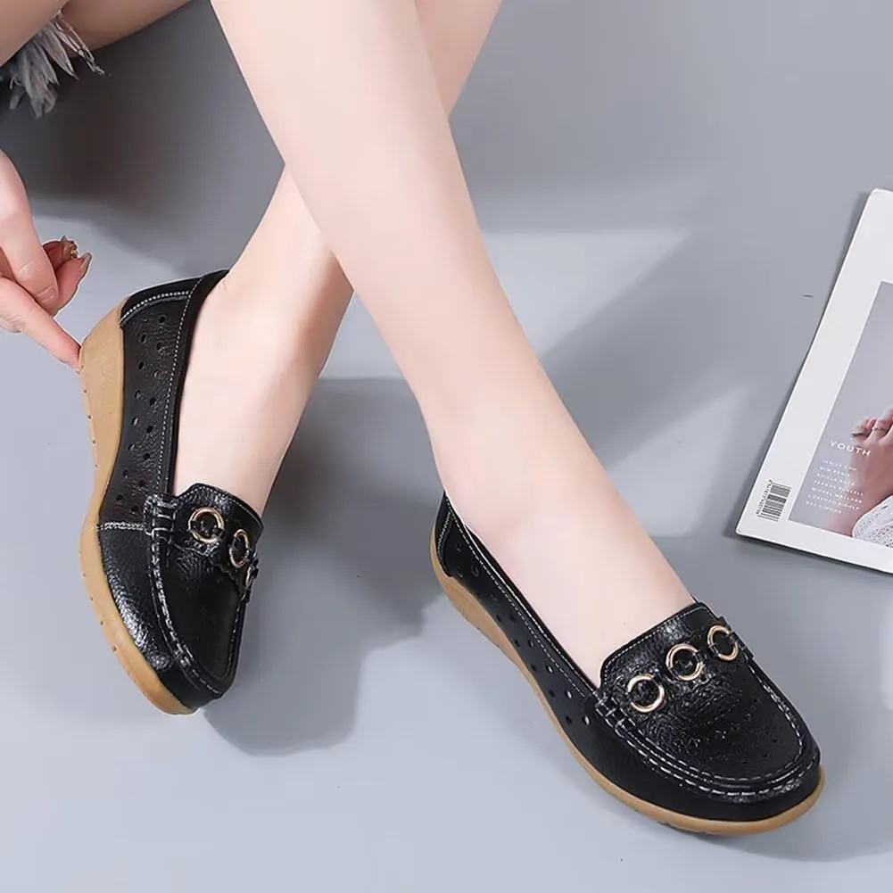 Women's Leather Classic Wedge Moccasins Slip-Ons Casual Walking Driving Cutout Breathable