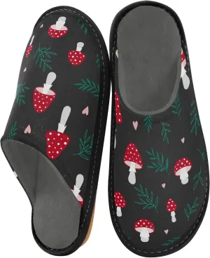 Women's Mens Cosy Slippers, Red Mushrooms Leaves Black Unisex Casual Slip-On Breathable Memory Foam Scuff Lazy House Shoes for Indoor/Outdoor Size 4-11