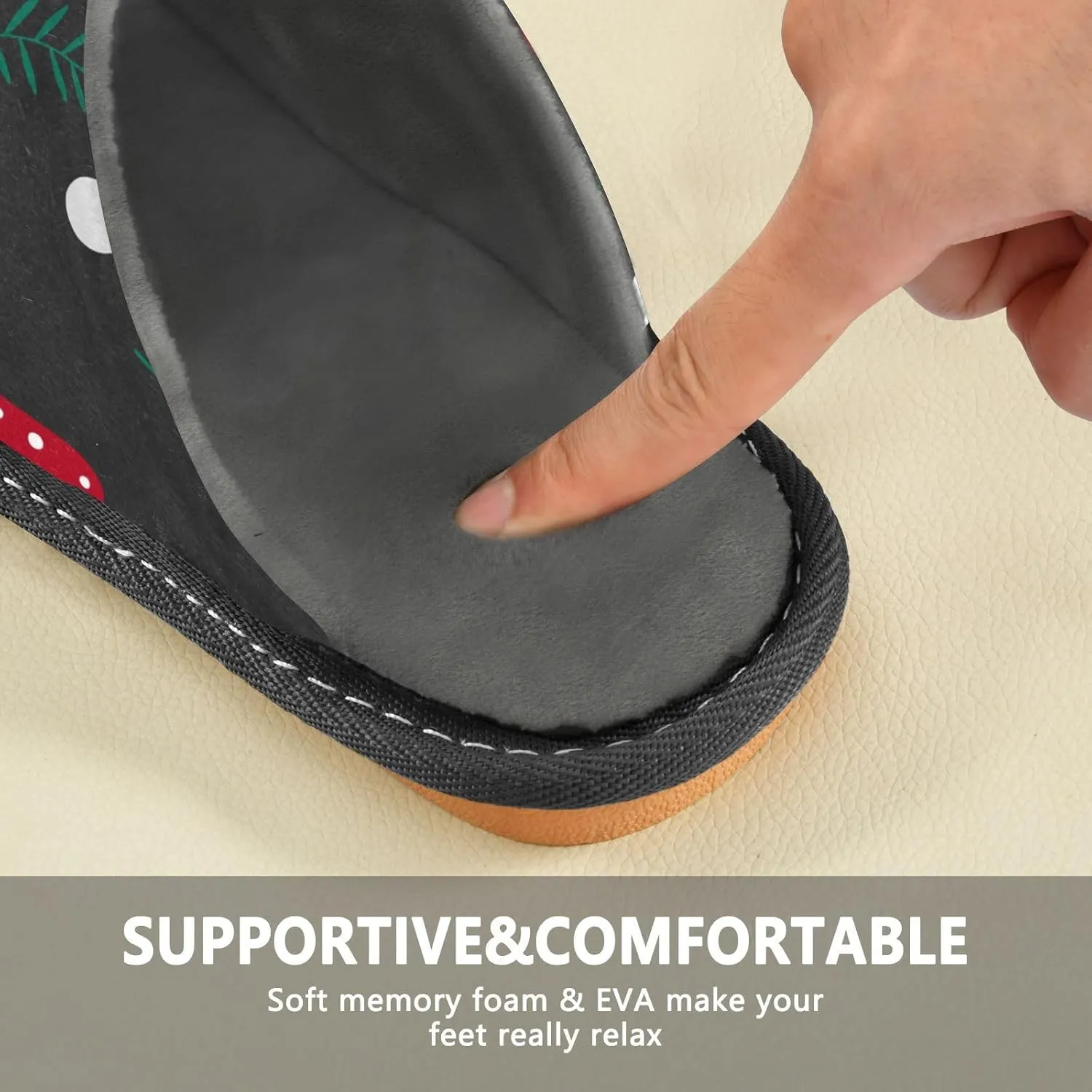 Women's Mens Cosy Slippers, Red Mushrooms Leaves Black Unisex Casual Slip-On Breathable Memory Foam Scuff Lazy House Shoes for Indoor/Outdoor Size 4-11