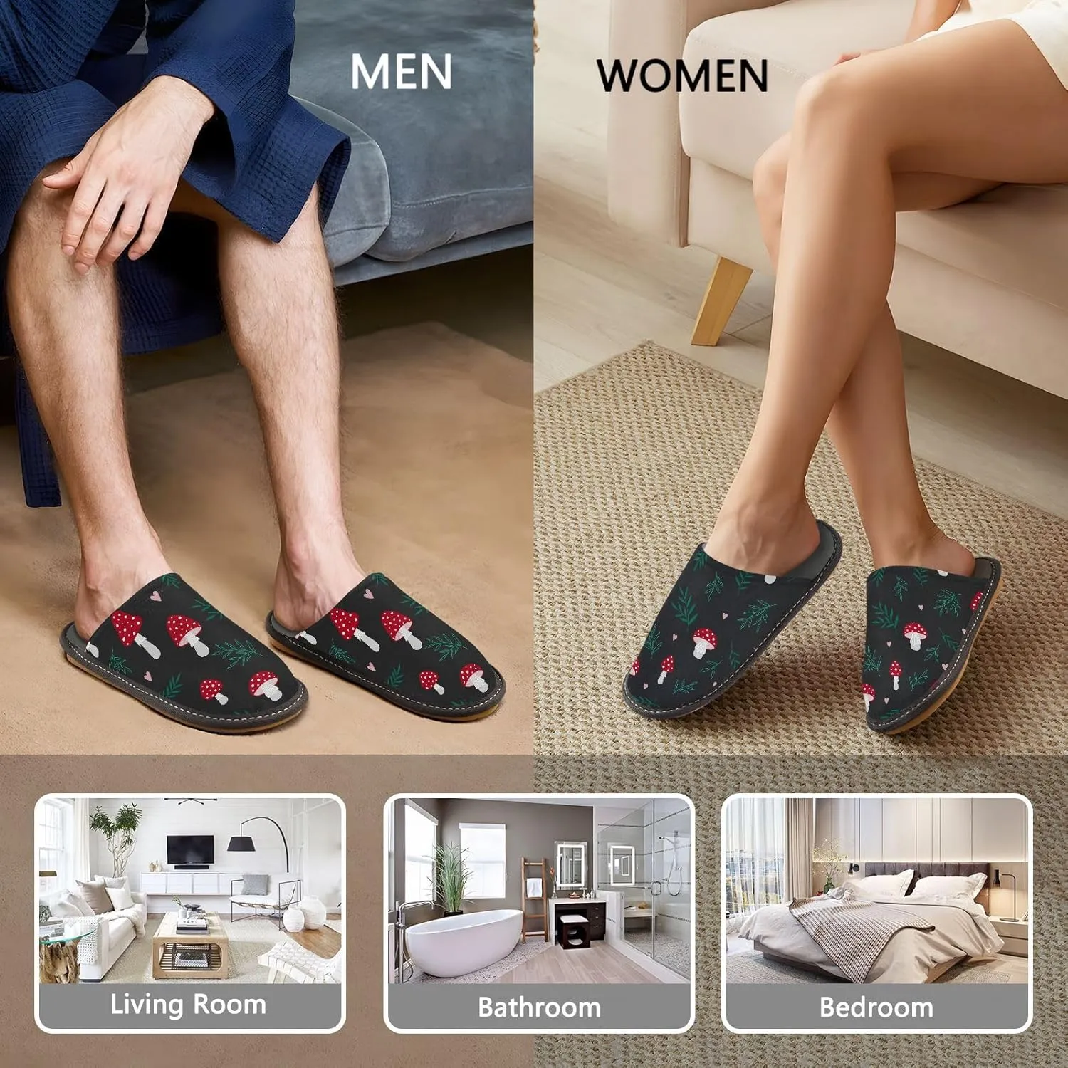 Women's Mens Cosy Slippers, Red Mushrooms Leaves Black Unisex Casual Slip-On Breathable Memory Foam Scuff Lazy House Shoes for Indoor/Outdoor Size 4-11