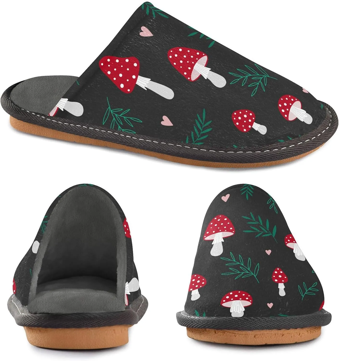 Women's Mens Cosy Slippers, Red Mushrooms Leaves Black Unisex Casual Slip-On Breathable Memory Foam Scuff Lazy House Shoes for Indoor/Outdoor Size 4-11
