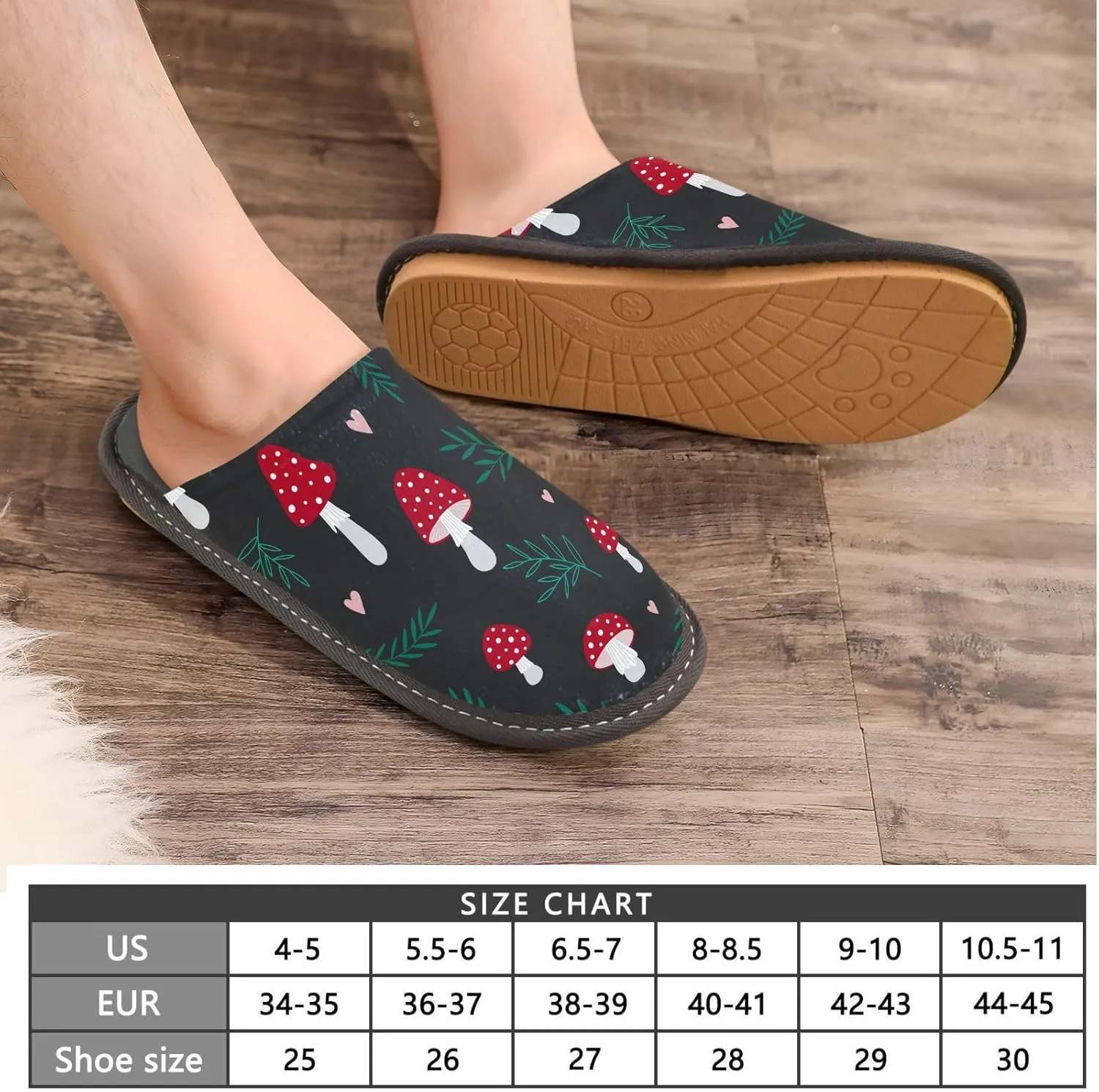 Women's Mens Cosy Slippers, Red Mushrooms Leaves Black Unisex Casual Slip-On Breathable Memory Foam Scuff Lazy House Shoes for Indoor/Outdoor Size 4-11