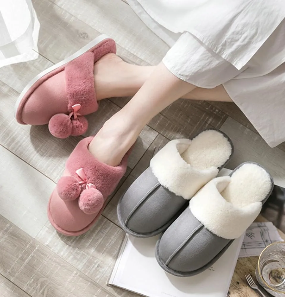 Women's Mens Cute Fuzzy Memory Foam Slippers Fluffy Winter Warm House Shoes Anti-Slip Bedroom Slides Indoor Outdoor with Pompom