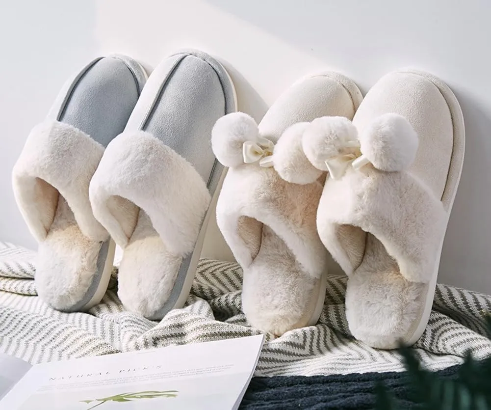 Women's Mens Cute Fuzzy Memory Foam Slippers Fluffy Winter Warm House Shoes Anti-Slip Bedroom Slides Indoor Outdoor with Pompom