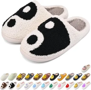 Women's Men's Retro Preppy Happy Face Slippers Comfy Warm Plush Slip-On House Slipper for Winter Indoor Soft Cushion Non-slip Fluffy Slides Slippers