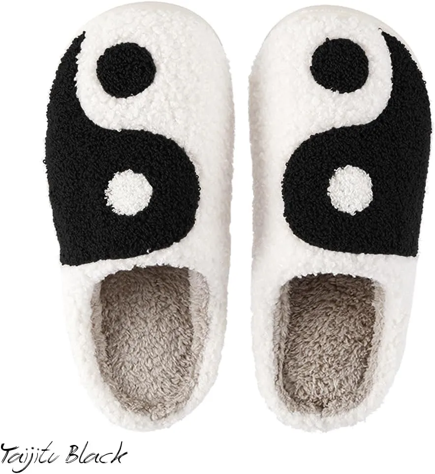 Women's Men's Retro Preppy Happy Face Slippers Comfy Warm Plush Slip-On House Slipper for Winter Indoor Soft Cushion Non-slip Fluffy Slides Slippers