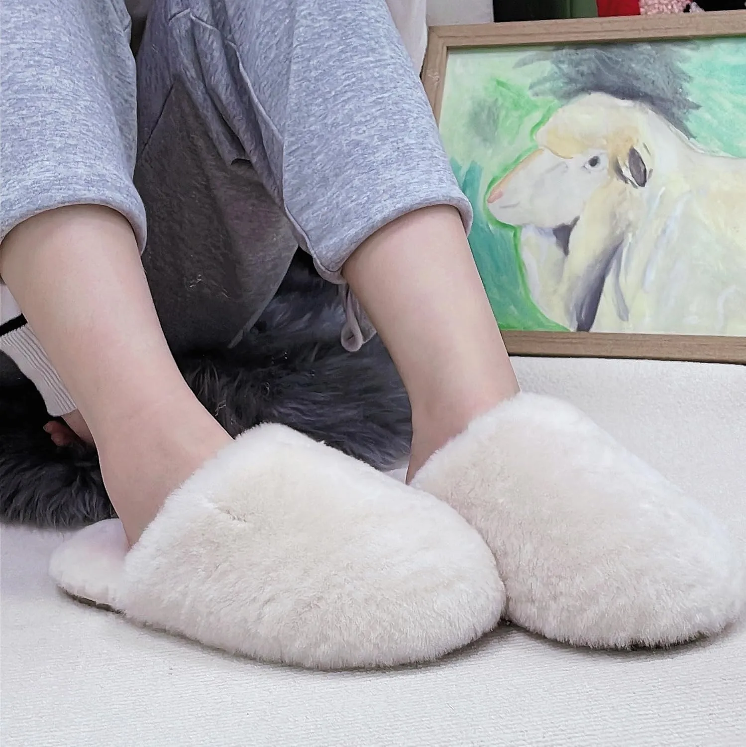 Womens Natural Sheepskin Fur Warm Slipper Comfy Slip on House Slippers Indoor Outdoor Scuff Slipper
