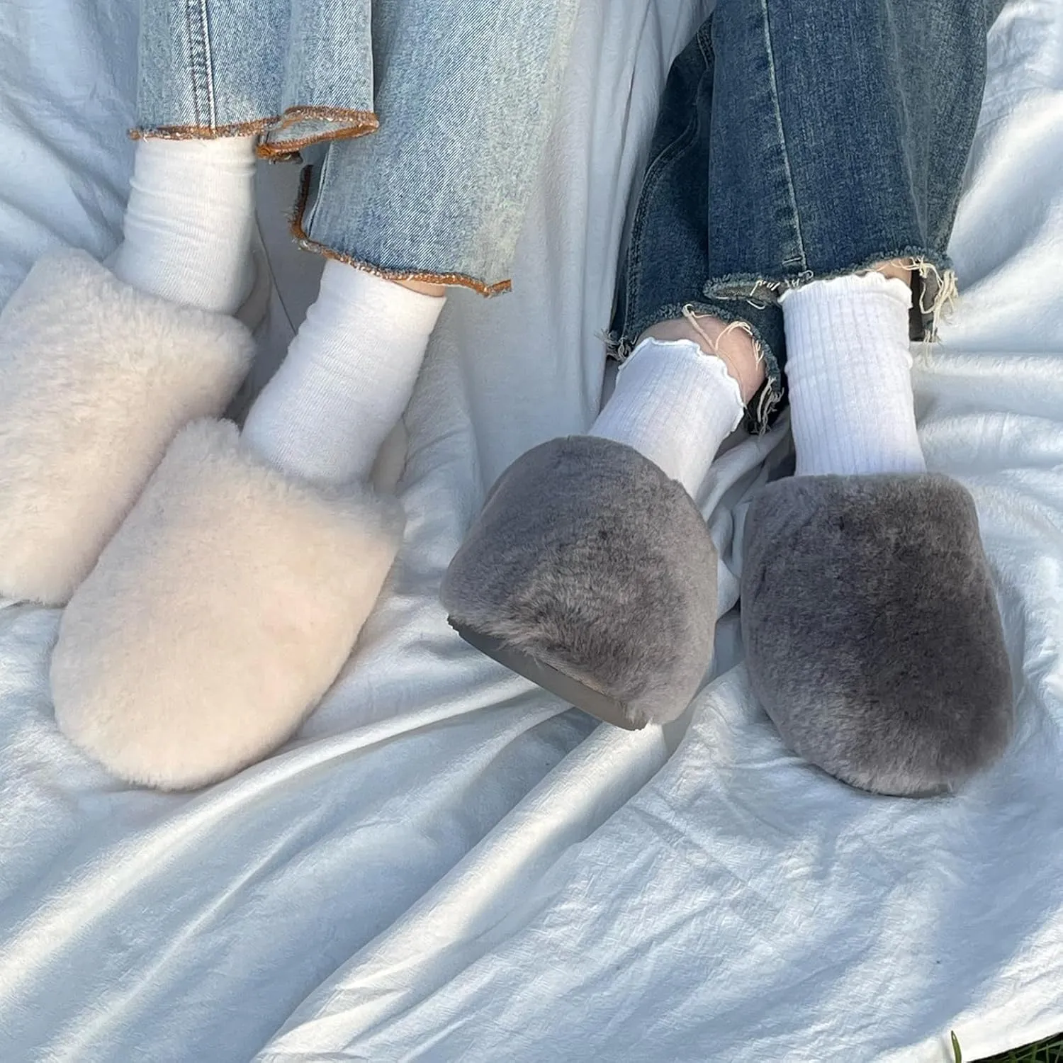 Womens Natural Sheepskin Fur Warm Slipper Comfy Slip on House Slippers Indoor Outdoor Scuff Slipper