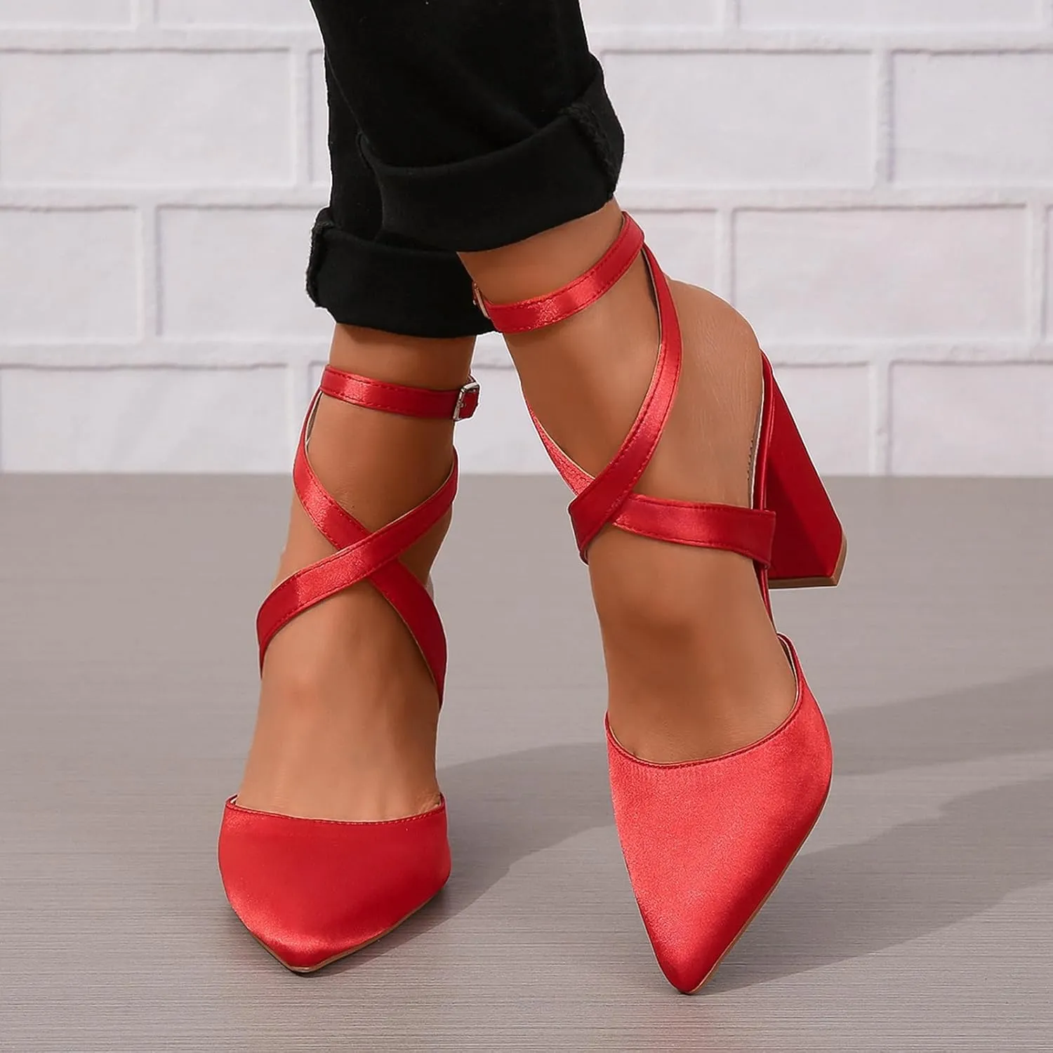 Women's Poined Toe Satin Wedding Shoes for Bride Block Heel Bridal Shoes Cross Strap Proming Evening Dress Pumps