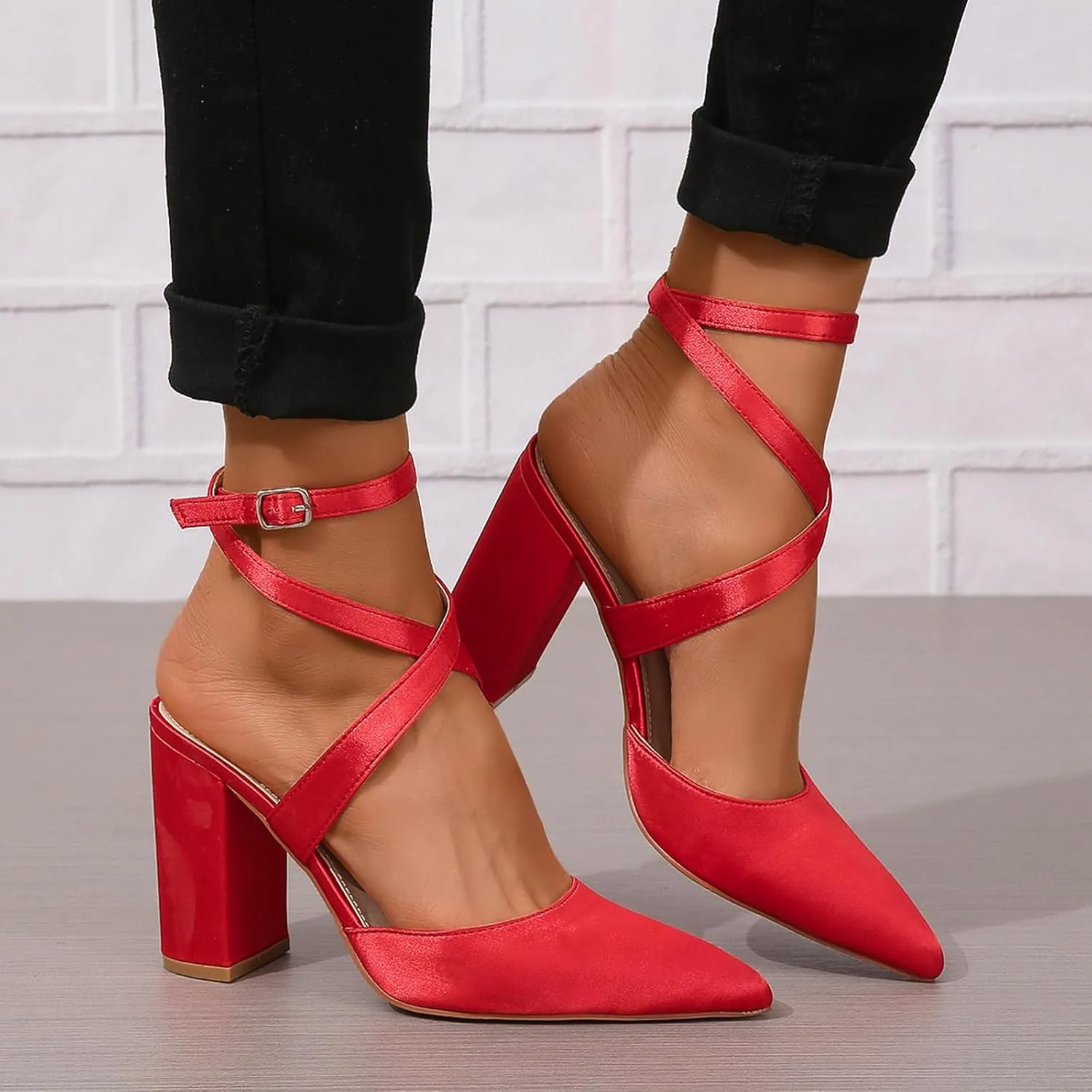 Women's Poined Toe Satin Wedding Shoes for Bride Block Heel Bridal Shoes Cross Strap Proming Evening Dress Pumps
