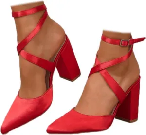 Women's Poined Toe Satin Wedding Shoes for Bride Block Heel Bridal Shoes Cross Strap Proming Evening Dress Pumps