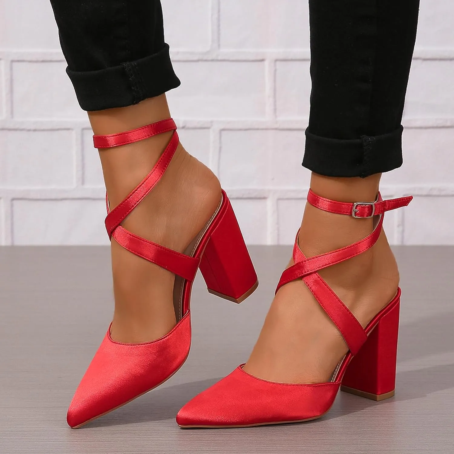 Women's Poined Toe Satin Wedding Shoes for Bride Block Heel Bridal Shoes Cross Strap Proming Evening Dress Pumps