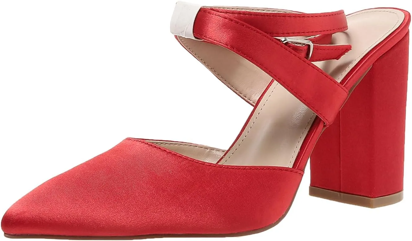 Women's Poined Toe Satin Wedding Shoes for Bride Block Heel Bridal Shoes Cross Strap Proming Evening Dress Pumps