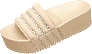 Womens Slip on Slides Rhinestone Platform Slipper Shose Cute Summer Beach Walking Comfort Outdoor Sandals