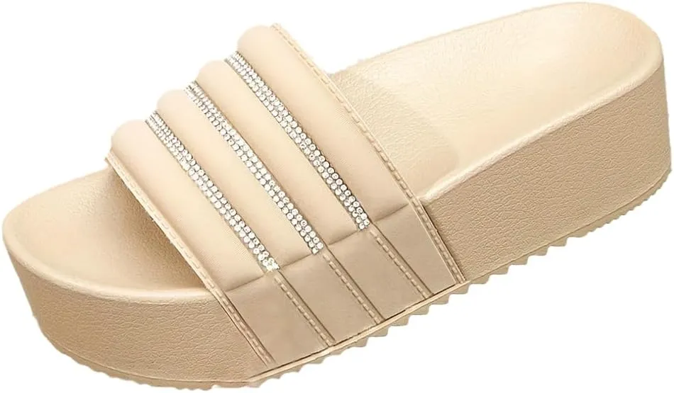 Womens Slip on Slides Rhinestone Platform Slipper Shose Cute Summer Beach Walking Comfort Outdoor Sandals