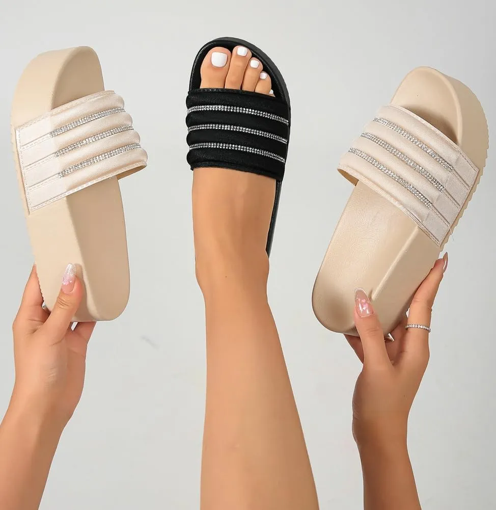 Womens Slip on Slides Rhinestone Platform Slipper Shose Cute Summer Beach Walking Comfort Outdoor Sandals