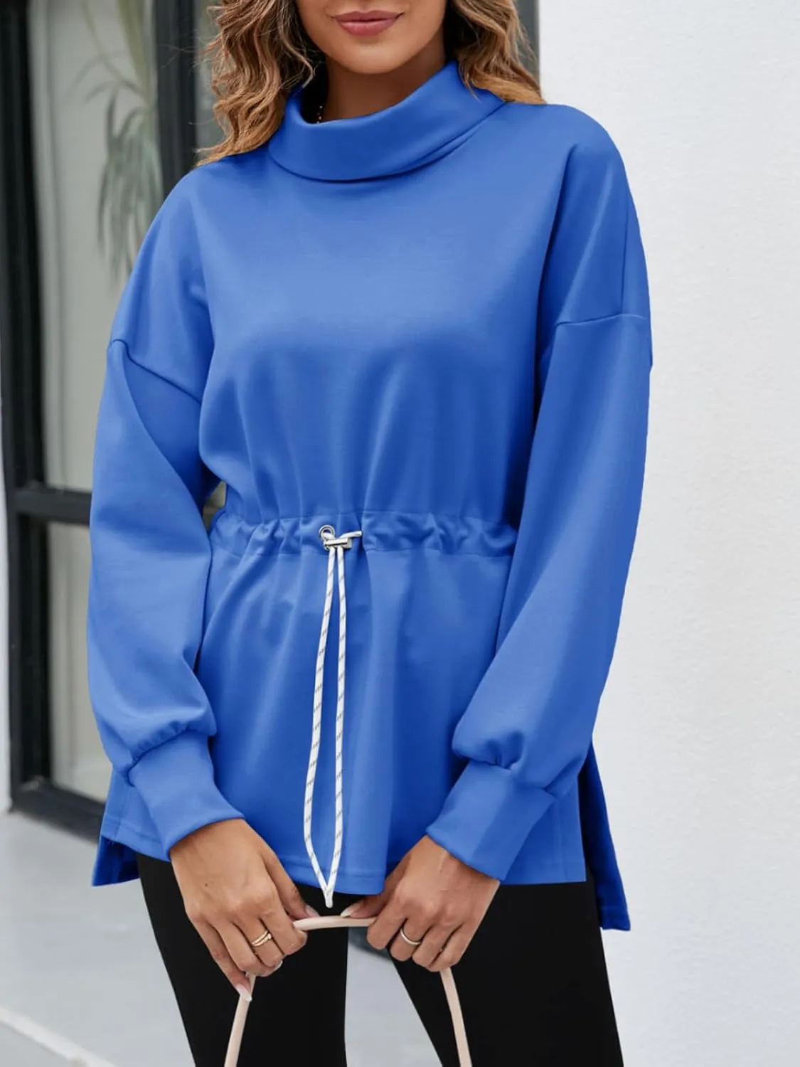 Women's Turtleneck Sweatshirts Long Sleeve Pullover Tops Side Slit Tunic Shirts with Drawstring Waist