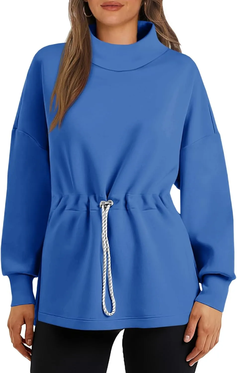 Women's Turtleneck Sweatshirts Long Sleeve Pullover Tops Side Slit Tunic Shirts with Drawstring Waist