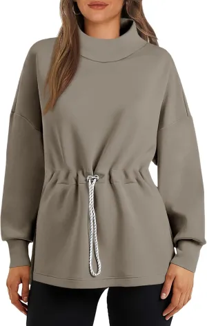 Women's Turtleneck Sweatshirts Long Sleeve Pullover Tops Side Slit Tunic Shirts with Drawstring Waist