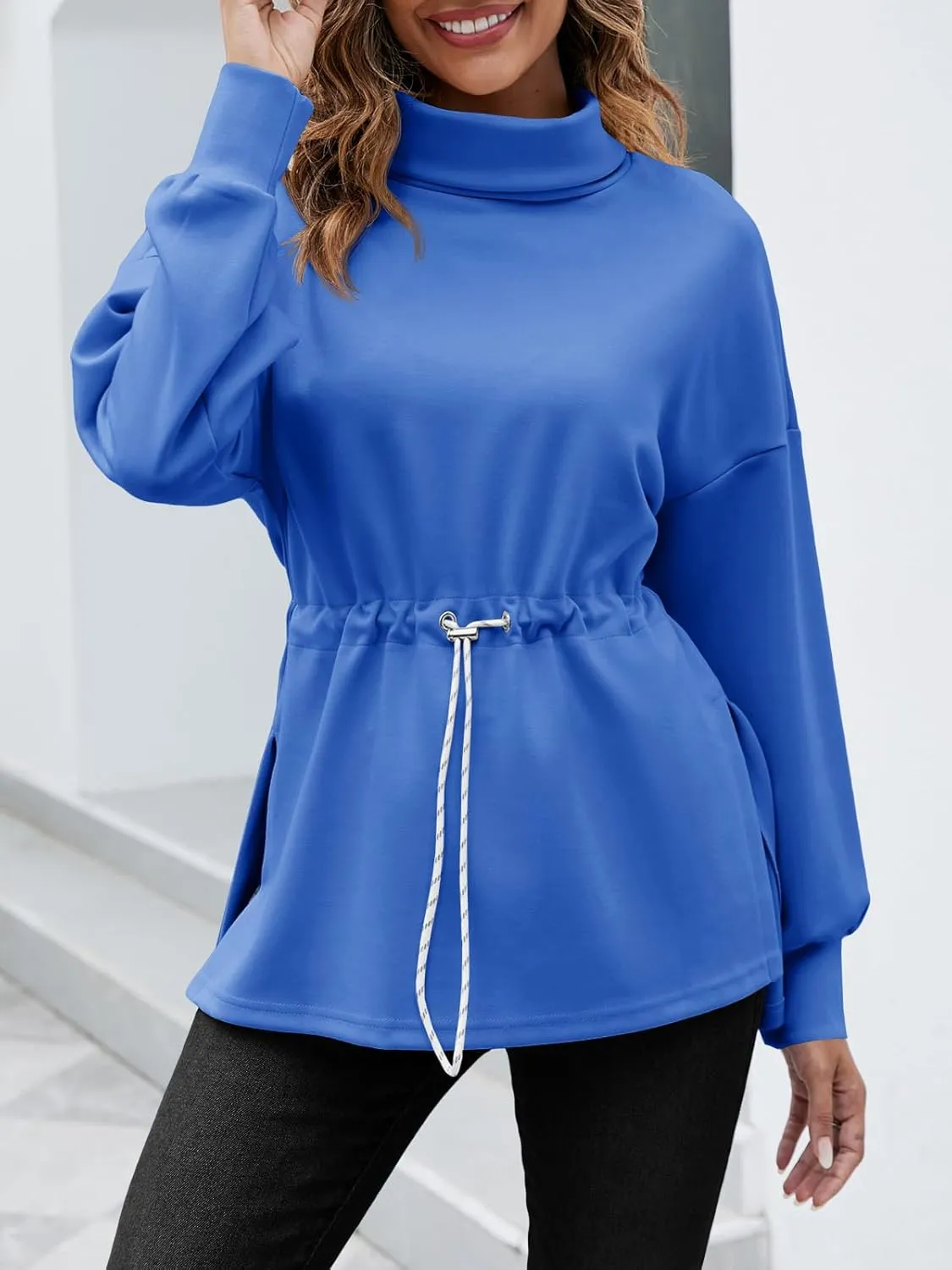 Women's Turtleneck Sweatshirts Long Sleeve Pullover Tops Side Slit Tunic Shirts with Drawstring Waist