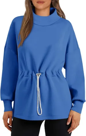 Women's Turtleneck Sweatshirts Long Sleeve Pullover Tops Side Slit Tunic Shirts with Drawstring Waist